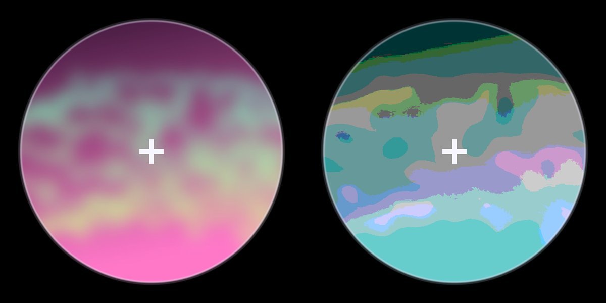 Two round portals: an aurora-like picture for the left eye, and a posterised, colour-shifted version of the same picture for the right eye.