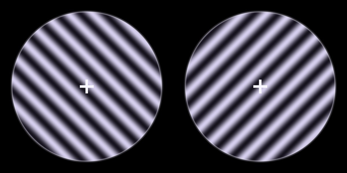 Two round portals side by side: stripes leaning one way for the left eye and the other way for the right eye, with the same white cross in the middle of both.