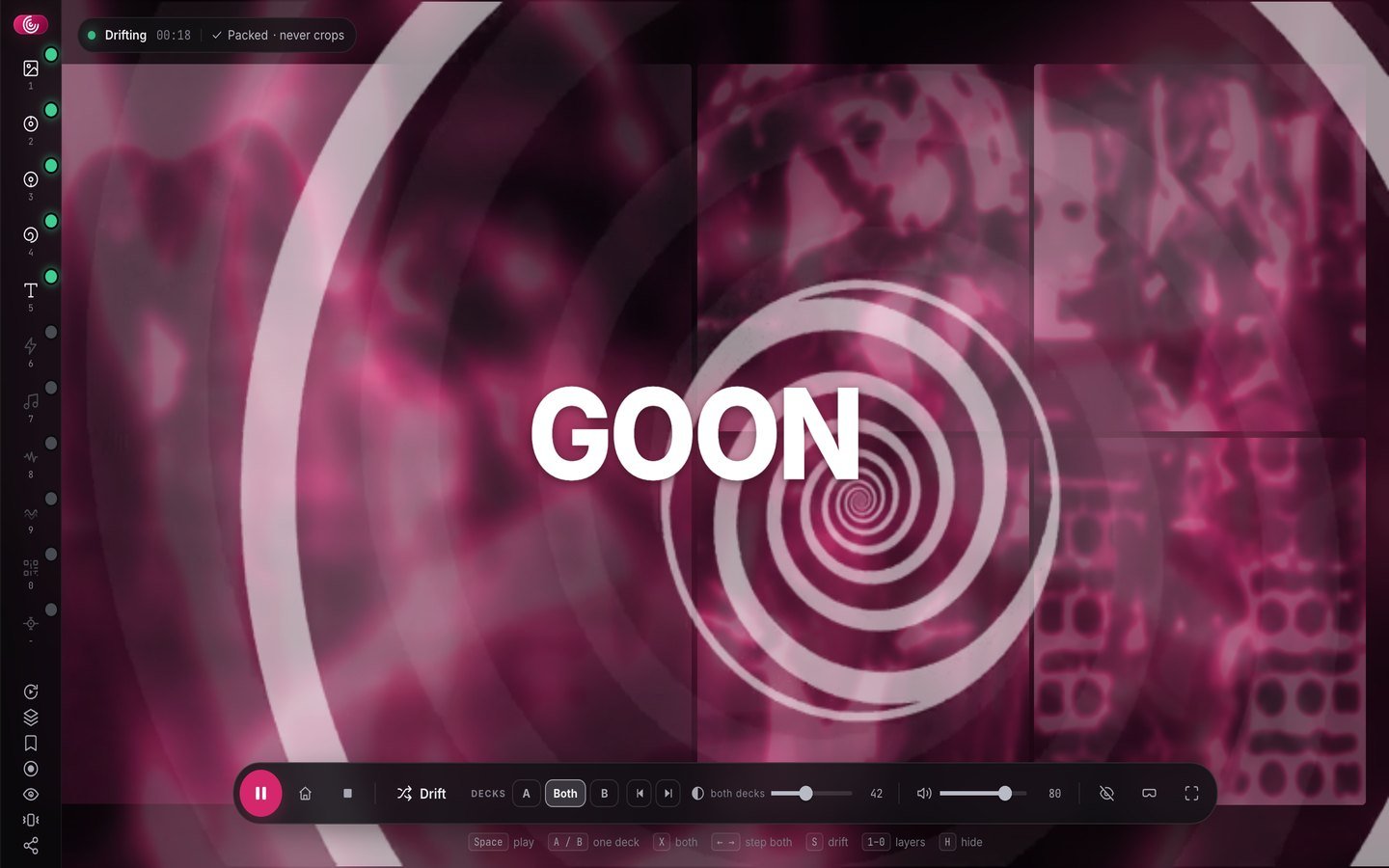 MindSpiral mid-session: a packed wall of pictures behind a slow spiral, the word GOON across the middle, and the layer controls down the side.