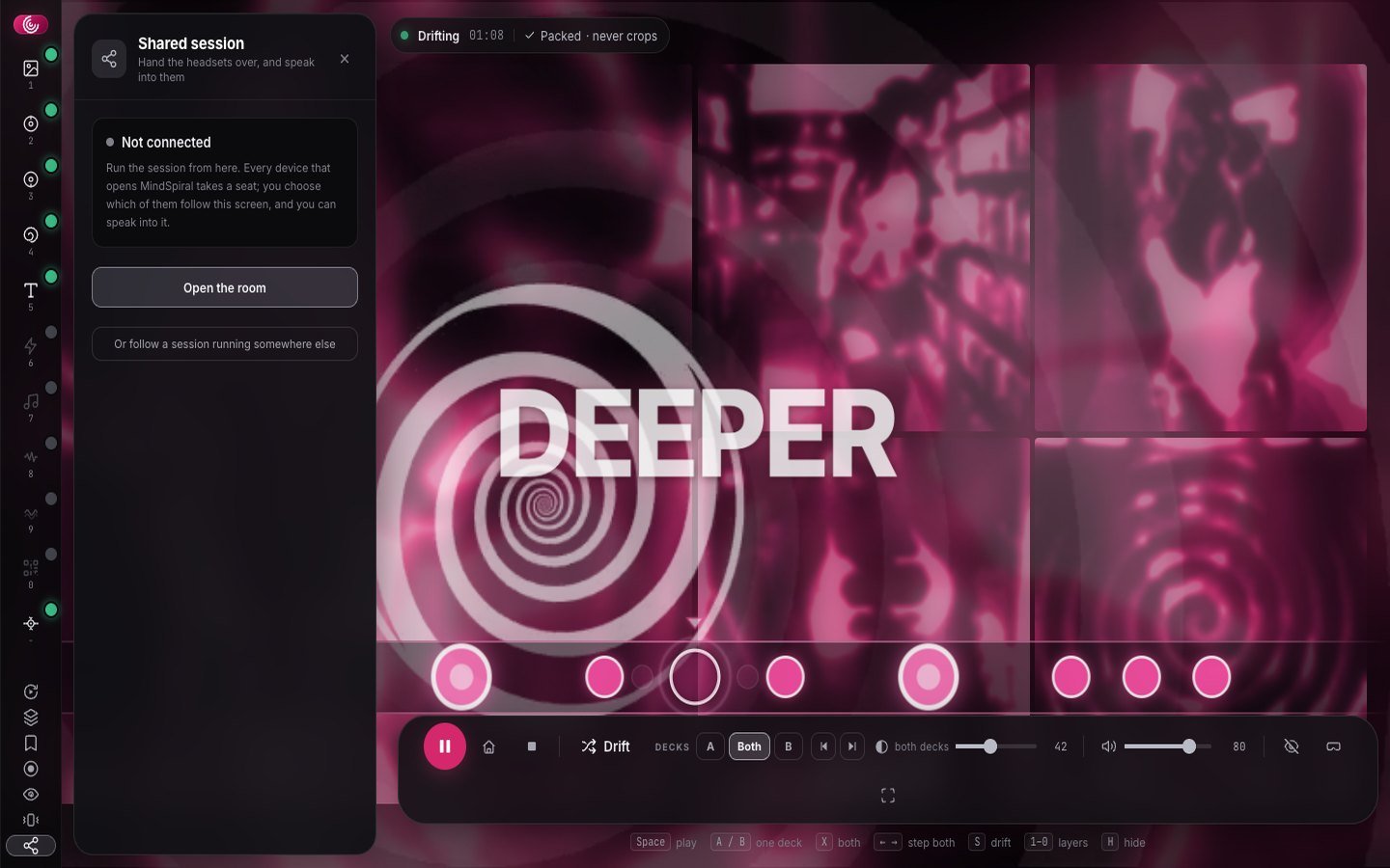 The Shared session drawer: the room is open and one headset seat is waiting with an Invite button beside it.