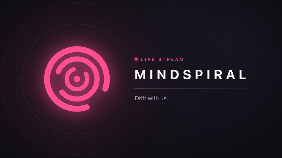 The MindSpiral card: the pink spiral mark and the MINDSPIRAL wordmark on near-black, with the words Live stream and Drift with us.